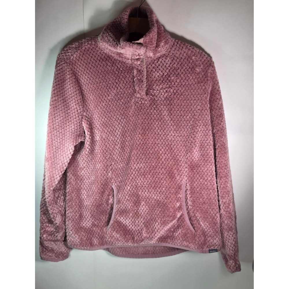 Eddie Bauer Grid Fleece Pullover Womens Small Pink High Pile Snap Mock Neck